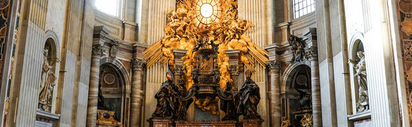 VATICAN CITY, ITALY - APRIL 10, 2020: panoramic orientation of interior in ancient st peters basilica 