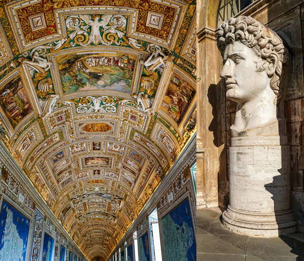 caesar augustus head statue near paintings on walls and ceiling in gallery of maps at vatican museum