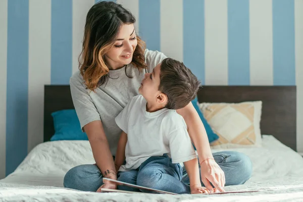 Happy Mother Cute Toddler Son Looking Each Other Bedroom — Stock Photo, Image