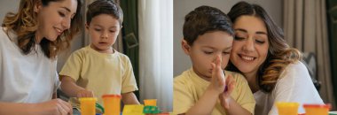 Sevimli oğluyla mutlu anne kolajı renkli plastik figürler yontuyor, yatay görüntü. 