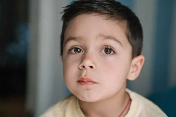 Πορτρέτο Του Σκεπτικού Αξιολάτρευτο Μελαχρινό Αγόρι Καστανά Μάτια — Φωτογραφία Αρχείου