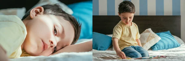 Collage Cute Boy Playing Board Game Bed Lying Looking Camera — стоковое фото