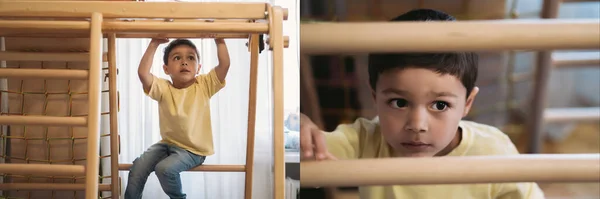 Collage Cute Boy Exercising Home Gym Horizontal Image — Stock Photo, Image