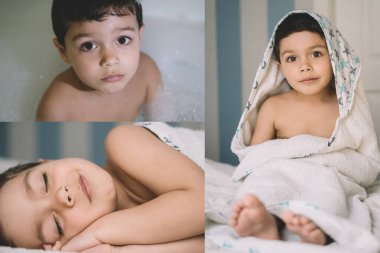 Havluya sarılmış, yatakta uyurken gülümseyen tatlı çocuk kolajı.