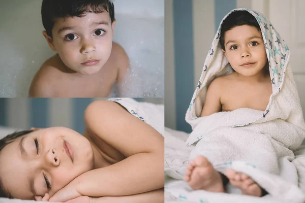 Collage Niño Lindo Bañándose Envuelto Toalla Sonriendo Mientras Duerme Cama — Foto de Stock