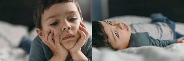 Collage Pensive Cute Child Lying Bed Holding Hands Face Horizontal — Stock Photo, Image