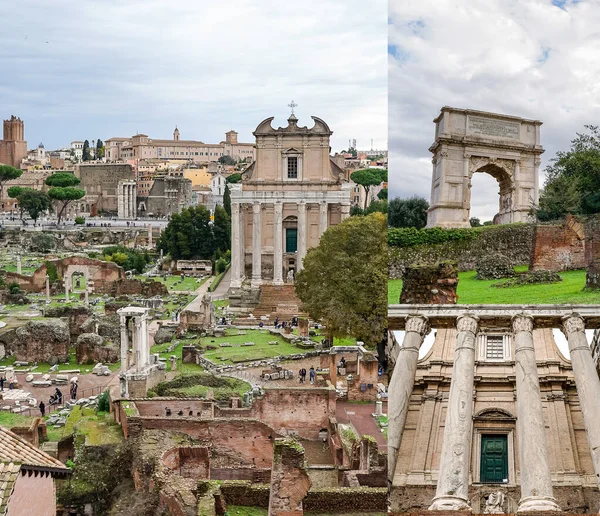 Collage of arch of titus near ancient buildings in rome — Stock Photo