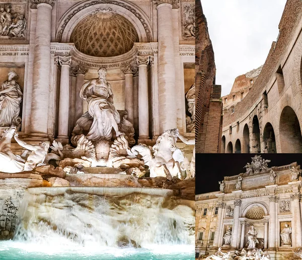 Collage of Trevi Fountain near ancient colosseum in rome — Stock Photo