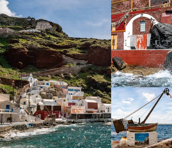 SANTORINI, GRÉCIA - 10 de abril de 2020: colagem de mar Egeu perto de casas e barco enferrujado com letras de hellas marinhas sino — Fotografia de Stock