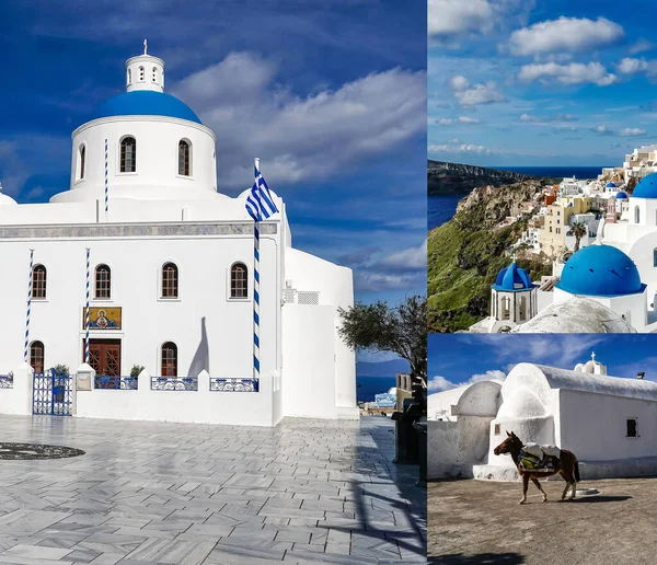 SANTORINI, GRECIA - 10 DE ABRIL DE 2020: collage de la Iglesia Panagia Platsani con campanas cerca de casas blancas y caballos en Santorini - foto de stock