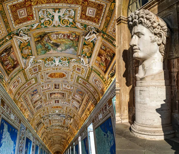 Caesar augustus head statue near paintings on walls and ceiling in gallery of maps at vatican museum — Stock Photo