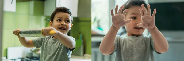 Colagem de menino bonito criança segurando rolo pin e mostrando as mãos na farinha em casa — Fotografia de Stock