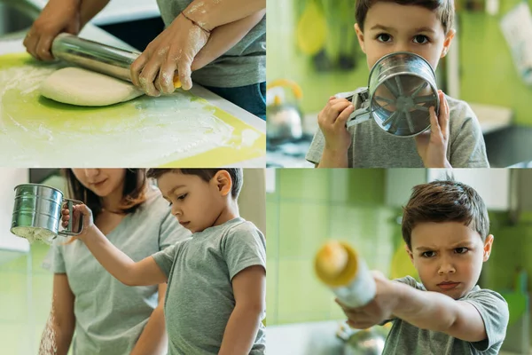 Collage of toddler boy and mother cooking in kitchen — Stock Photo
