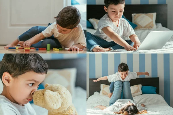 Collage de tout-petit garçon avec les mains tendues couché sur la mère, jouer avec des jouets et utiliser un ordinateur portable à la maison — Photo de stock