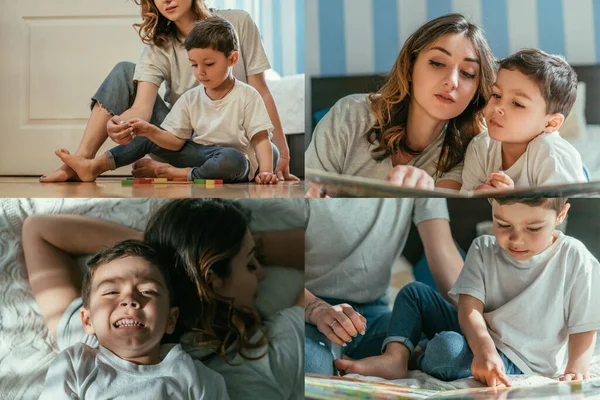 Collage of mother and toddler son lying on bed, playing with toys and reading book at home — Stock Photo