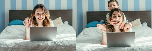 Collage of toddler boy touching freelancer mother and woman waving hand while having video call in bedroom — Stock Photo