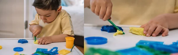 Колаж милої дитини, що ріже барвистий пластилін з шпателем, горизонтальне зображення — стокове фото
