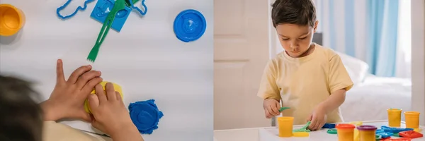 Collage of adorable boy sculpting colorful plasticine figures, panoramic crop — Stock Photo