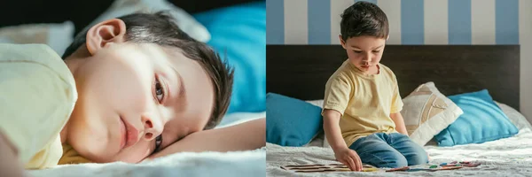 Colagem de menino bonito jogar jogo de tabuleiro na cama, deitado e olhando para a câmera — Fotografia de Stock