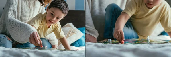 Collage of mom and adorable son playing board game on bed together, horizontal image — Stock Photo