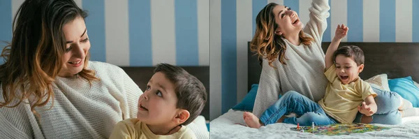 Collage de madre e hijo mostrando gestos ganadores y mirándose mientras juegan al juego de mesa en la cama, imagen horizontal - foto de stock