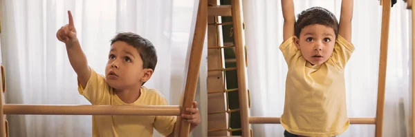 Collage of adorable boy pointing with finger and hanging on horizontal bar while exercising in home gym, panoramic crop — Stock Photo