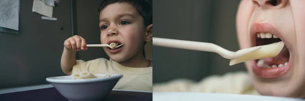 Collage eines netten brünetten Jungen, der Penne-Pasta mit Gabel isst, horizontales Bild — Stockfoto