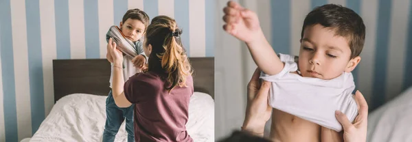 Collage of mother dressing cute son in bedroom, horizontal image — Stock Photo