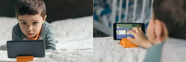 Collage de niño tocando la pantalla del teléfono inteligente mientras ve dibujos animados educativos en el dormitorio - foto de stock