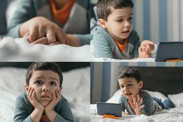 Collage de lindo niño viendo webinar en el teléfono inteligente, señalando con el dedo, y acostado en la cama con las manos apretadas - foto de stock