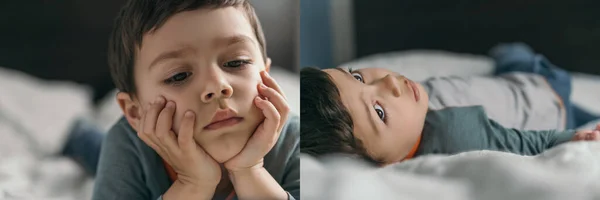 Colagem de criança pensativo, bonito deitado na cama e de mãos dadas no rosto, imagem horizontal — Fotografia de Stock