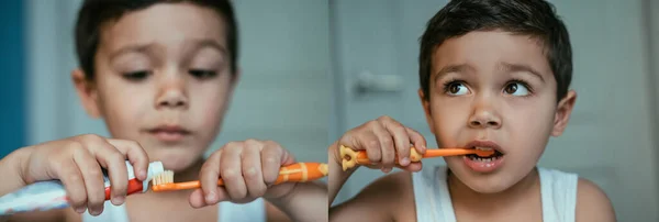 Collage de adorable niño aplicando pasta de dientes en el cepillo de dientes y cepillarse los dientes en el baño, plano panorámico - foto de stock