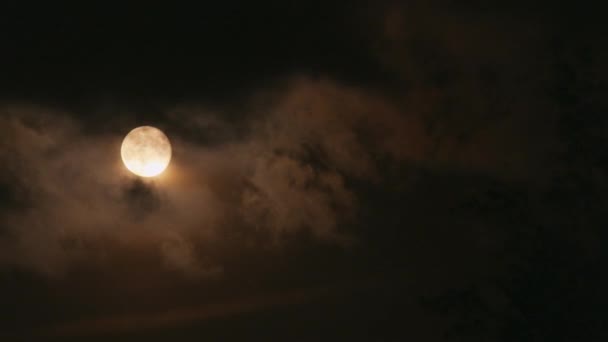 Luna amarilla brillando a través de nubes oscuras en la noche — Vídeo de stock