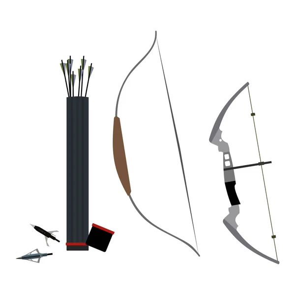 Serie di archi, punte di freccia e faretra di frecce. Illustrazione vettoriale . — Vettoriale Stock