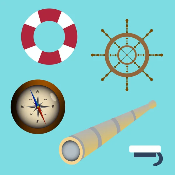 Sea icon set spyglass, compass, sailors cap, lifebuoy, wheel. vector illustration — Stock Vector