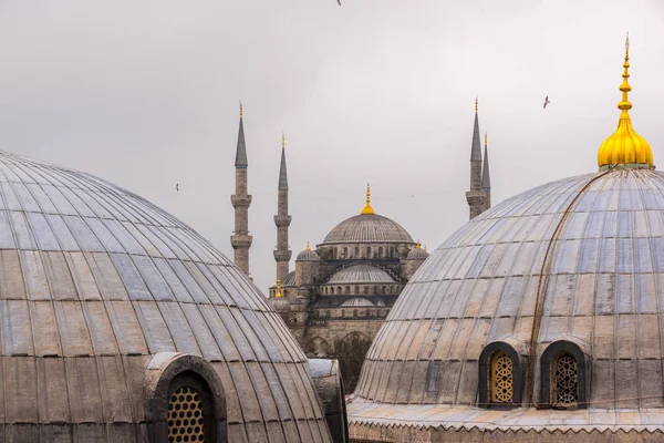 Vista da Mesquita Azul e cúpulas Hagia Sophia de Hagia Sophia, basílica patriarcal ortodoxa grega, igreja. — Fotografia de Stock