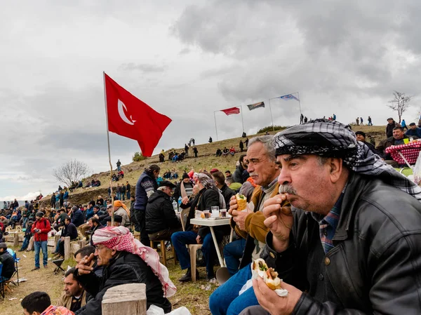 Personas Turcas Identificadas Comiendo Viendo Lucha Camellos Arena Lucha Camellos —  Fotos de Stock