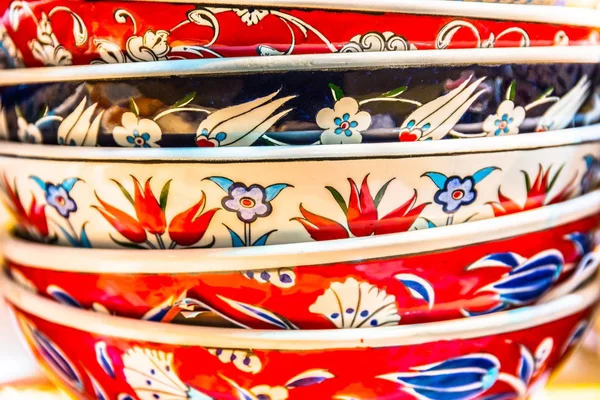 Collection Traditional Turkish Ceramic Bowls Painted Islamic Symbols Art Sale — Stock Photo, Image