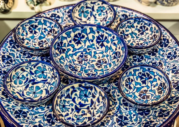 Collection Traditional Turkish Ceramic Bowls Plates Painted Landmarks Sale Grand — Stock Photo, Image