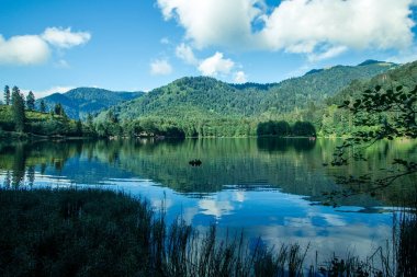Turistler, yerliler, kampçılar ve Doğu Karadeniz, Savsat, Artvin, Türkiye'de seyahat etmek için popüler bir hedef Karagol (siyah göl) görünümünü manzara