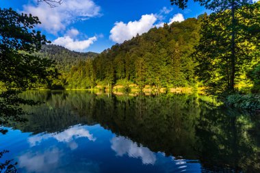 Turistler, yerliler, kampçılar ve Doğu Karadeniz, Savsat, Artvin, Türkiye'de seyahat etmek için popüler bir hedef Karagol (siyah göl) görünümünü manzara