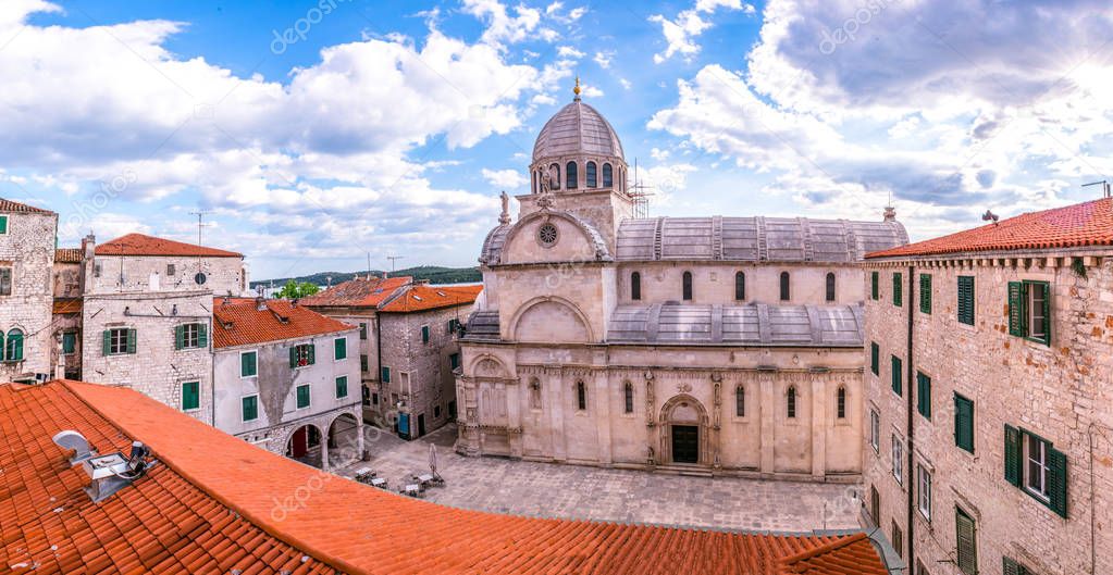 High Resolution panoramic Exterior view of St James cathedral in Sibenik,Croatia.May 26,201