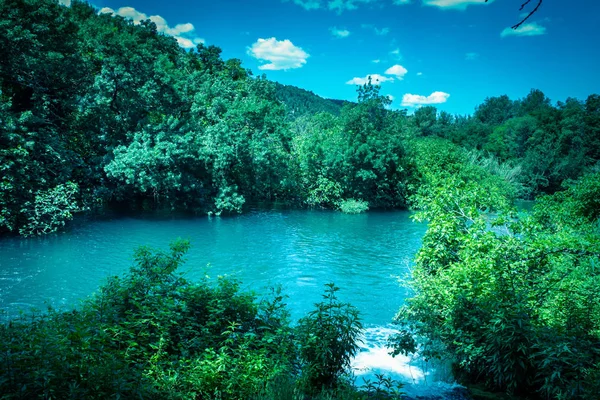 在克罗地亚希贝尼克克罗地亚国家公园之一的克尔卡国家公园的绿色树叶背景下的湖泊 — 图库照片