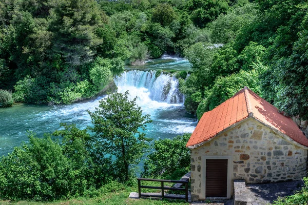Panoramisch Luchtfoto Van Waterval Krka National Park Één Van Kroatische — Stockfoto