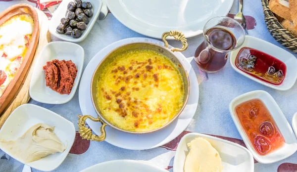 Vue Dessus Petit Déjeuner Turc Traditionnel Avec Différents Aliments Sur — Photo