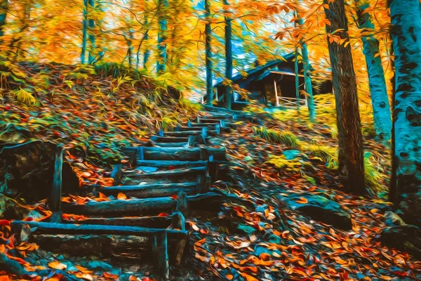 Pozostawia Miękką Widok Jesień Krajobraz Schody Drewniane Dom Drewniany Suche — Zdjęcie stockowe