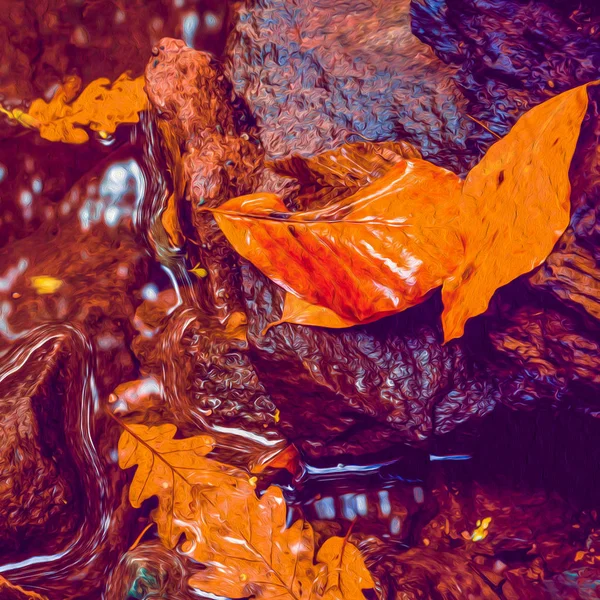 Soft view of autumn leaves on the puddle water surface with reflections.Autumnal park, fall nature.Digital structure of painting.Oil painting effect filter applied.