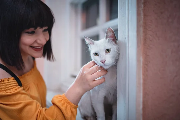 Schattig meisje houdt van een witte straat kat — Stockfoto