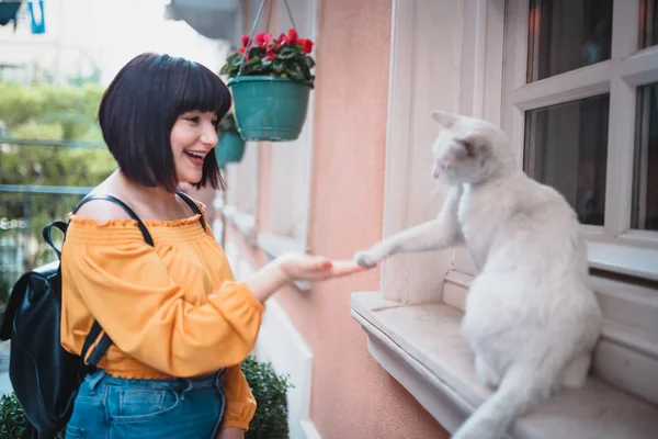 Cute girl loves a white street cat