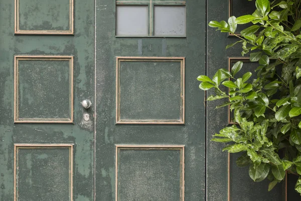 Porta de madeira pintada verde com padrão quadrado laranja — Fotografia de Stock